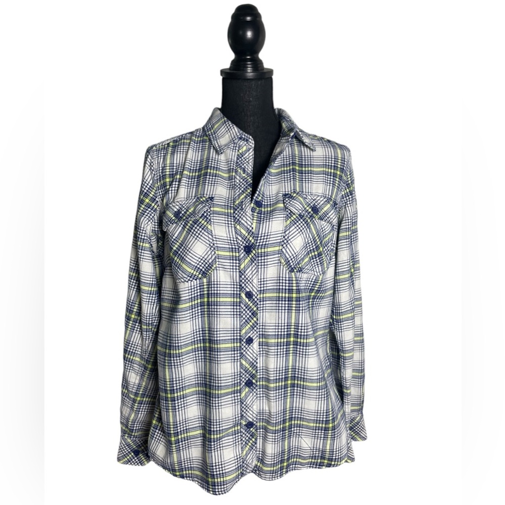 Duluth Trading Women Free Swingin Western Plaid Flannel Shirt Blue Green Vent M